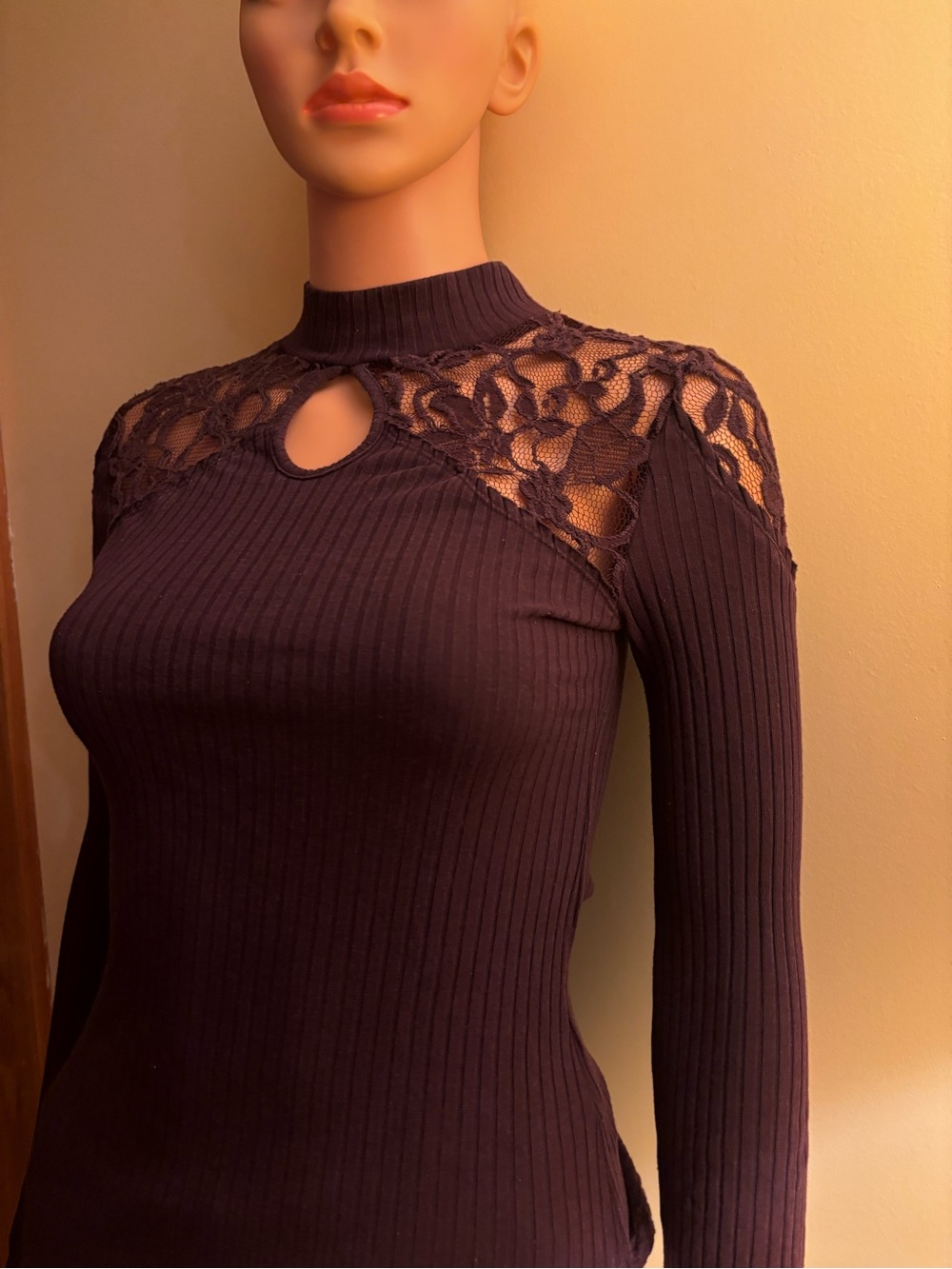 Free People Lace Yoke Ribbed Top - Plum